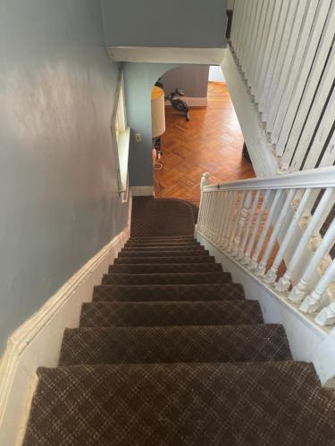 a staircase in a house with a stair case at Royalbluecozy in Saint Albans