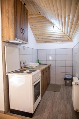 a kitchen with a white stove and wooden cabinets at Kuca Stojanovica Topli Do in Pirot