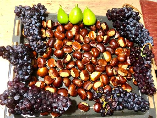 a bunch of grapes and pears on a tray at CASA CARCENTINA giardino, Pass zona rossa, Pista Olimpiadi Stelvio 2026 in Bormio