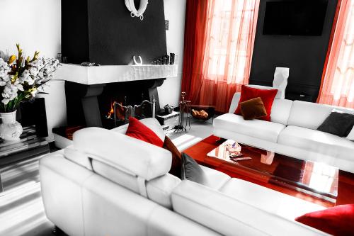 a living room with white couches and a fireplace at LE CHERCHE MIDI Chambres d'hôtes avec CUISINE EQUIPEE grand jardin PARKING SECURISE GRATUIT in Albi
