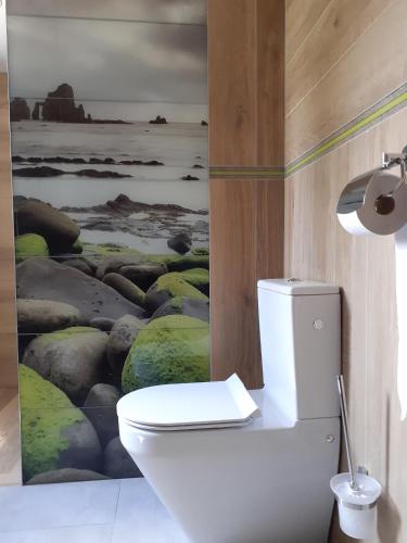 a bathroom with a toilet and a painting of the ocean at zajęcza chata in Dolistowo