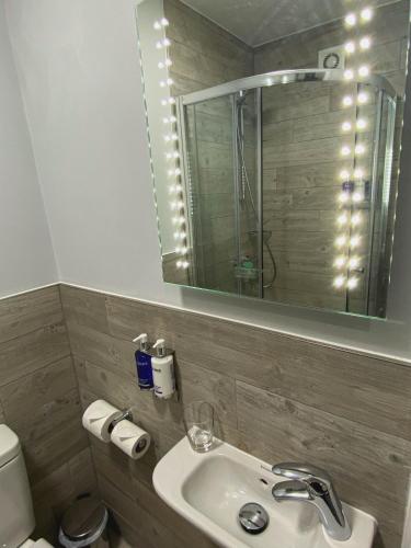 a bathroom with a sink and a mirror and a toilet at Belmont Llandudno in Llandudno