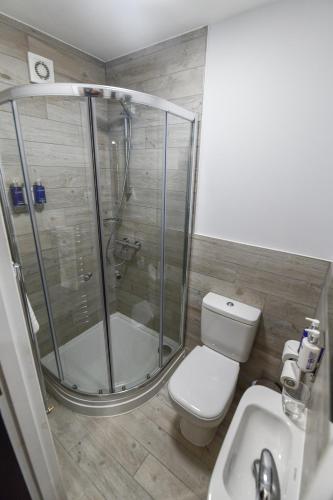 a bathroom with a shower and a toilet and a sink at Belmont Llandudno in Llandudno