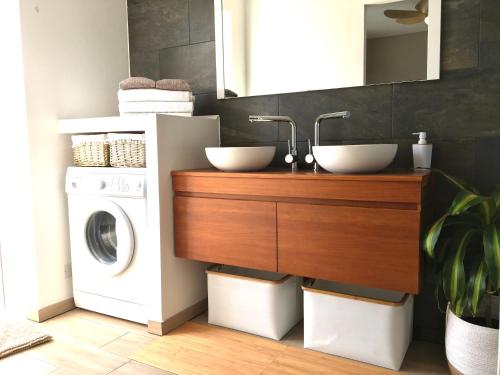 a bathroom with a sink and a washing machine at Cocon De L'Est I in Saint-Benoît