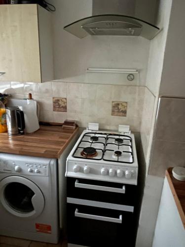 een keuken met een fornuis en een wasmachine bij Alder En-Suites Self-Catering with private shower 1 in Southampton