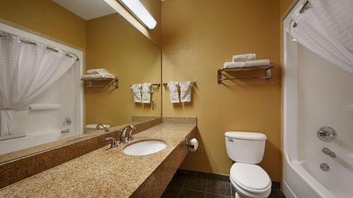 a bathroom with a sink and a toilet and a shower at Texas Inn Beeville in Beeville