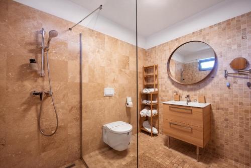 a bathroom with a shower and a toilet and a mirror at Apart-Hotel Safir in Venus