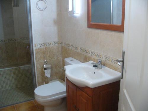 y baño con aseo, lavabo y ducha. en La Encina B, en Villaverde de Guadalimar