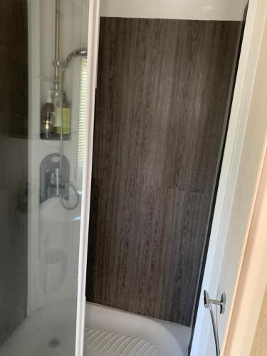 ein Badezimmer mit einer Dusche und einer Badewanne mit einer Glastür in der Unterkunft Forest Haven in Sway