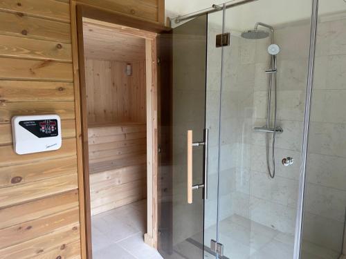 a walk in shower with a glass shower stall at Villa Naya, Pirin Golf & Spa in Bansko