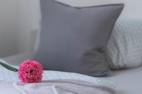 a pink flower sitting on top of a bed at Hotel Schenk in Pirmasens
