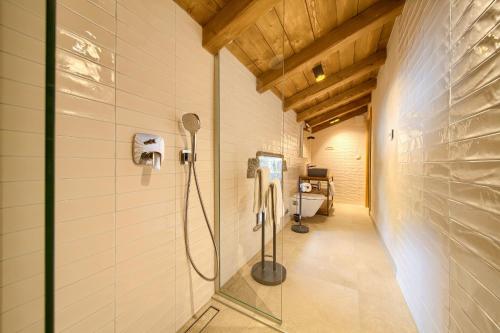 a shower in a bathroom with a glass wall at Luxury Jerini Barn in Krk