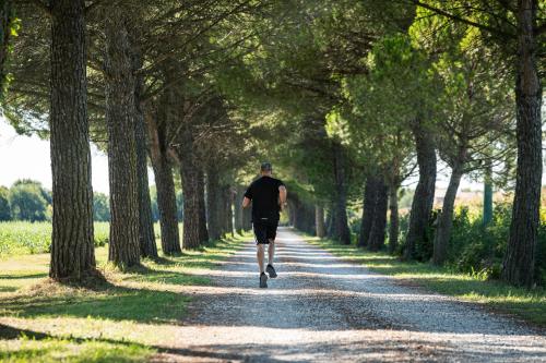 a man walking down a tree lined road at Agriturismo ai Due Leoni in Aquiléia