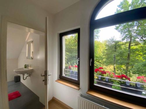 ein Badezimmer mit einem Waschbecken und ein Fenster mit Blumen in der Unterkunft Forsthaus in Crimmitschau