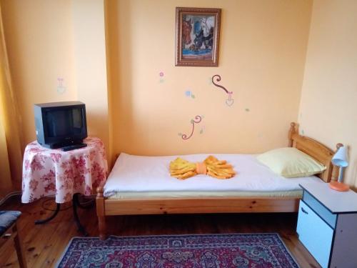 a small bedroom with a bed with a tv on it at Hotel Lavega in Kyustendil