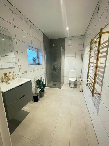 a bathroom with a shower and a sink and a toilet at Killeröd Boutique Apartments in Båstad