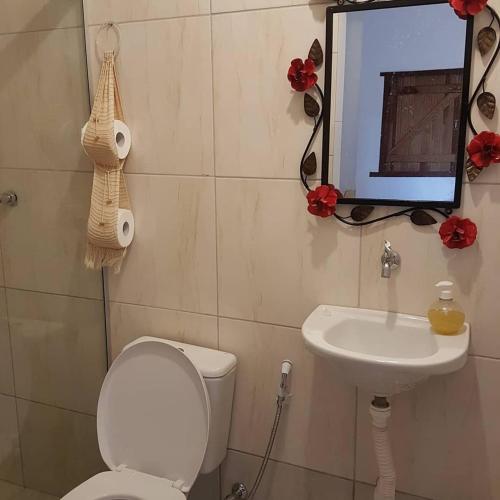 a bathroom with a toilet and a sink and a tv at Pousada Sempre Luz in Santana do Riacho