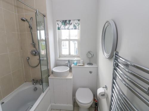 a bathroom with a toilet and a sink and a shower at Crown Cottage in Tenby
