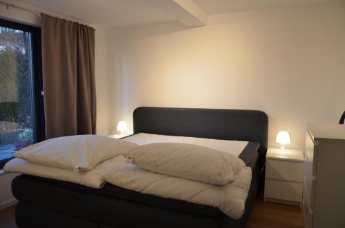 ein Bett mit zwei Kissen darauf in einem Schlafzimmer in der Unterkunft Ferienwohnung Bad Fredeburg in Schmallenberg
