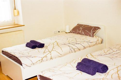 2 Betten in einem Zimmer mit lila Handtüchern darauf in der Unterkunft Vivo Hospital Maxi in Herne