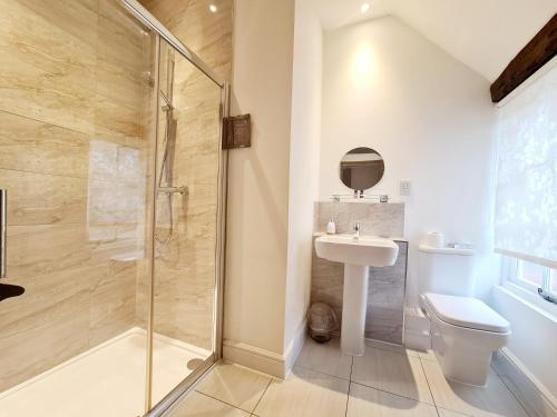 a bathroom with a shower and a toilet and a sink at The Harvard Inn in Stock