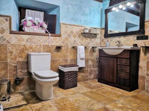 a bathroom with a toilet and a sink and a mirror at Villa Moreneta in Sobremazas