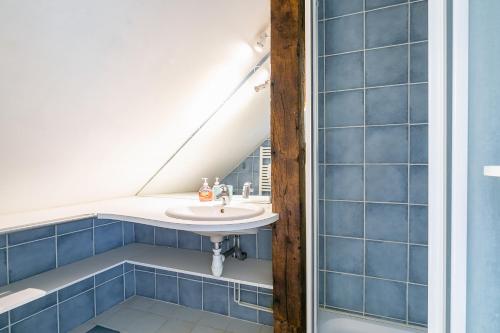 uma casa de banho com um lavatório e uma clarabóia em Le panoramique, au centre historique de Dijon em Dijon