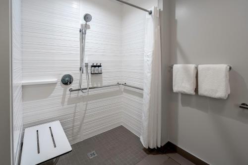 avid hotels Milwaukee West - Waukesha, an IHG Hotel في Pewaukee: دش مع باب زجاجي في الحمام
