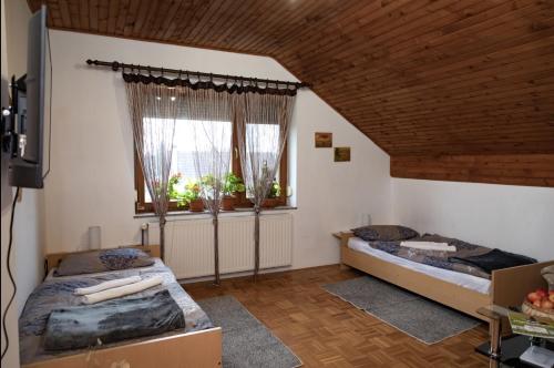 1 Schlafzimmer mit 2 Betten und einem Fenster in der Unterkunft OPG Vuk bed&breakfast "Čarobni snovi" in Darda