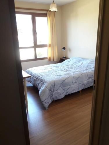 een slaapkamer met een bed en een raam bij Departamento de Barrio Belgrano in Bariloche