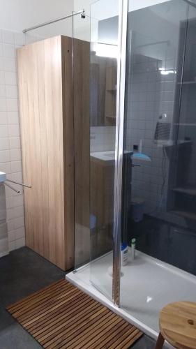 une douche avec une porte vitrée dans une salle de bain dans l'établissement Les Myrtes, aux Issambres