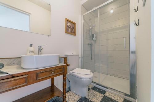une salle de bain avec toilettes, lavabo et douche dans l'établissement Le Bel Endroit - Joli T2 pour 4 pers, à Bidache