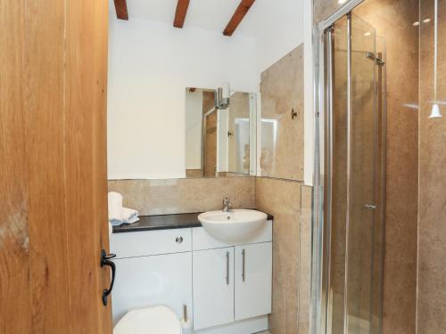 a bathroom with a sink and a shower at Tyn Towyn - Ty Coch in Trearddur