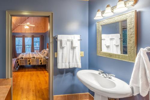 uma casa de banho com um lavatório e um espelho em Mountain Top Tranquility em Sylva