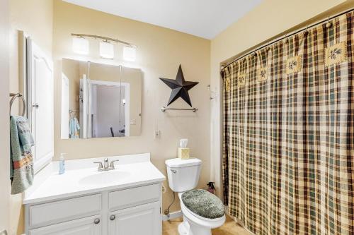 a bathroom with a toilet and a sink and a mirror at Aspenwood 4250 in Pagosa Springs