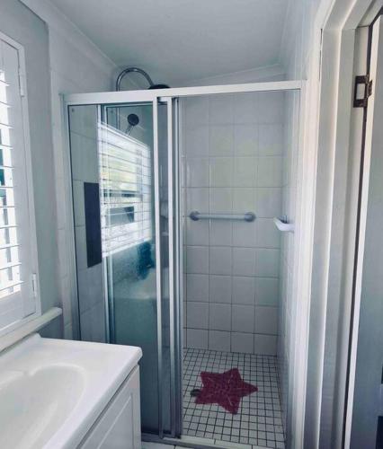 a bathroom with a shower with a glass door at Exquisite chalet on private nature reserve in Wolseley