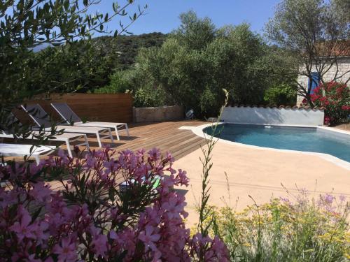 a swimming pool with two lounge chairs next to at Le moulin de Figari, oil mill & pool in Figari
