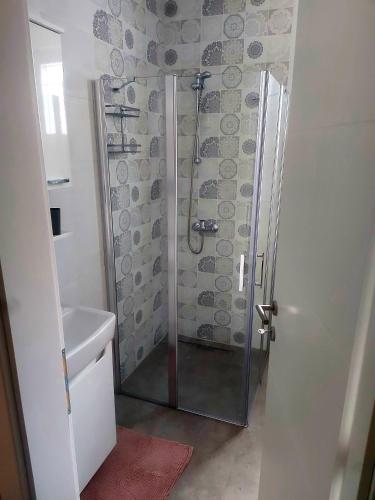 a shower with a glass door in a bathroom at Apartman Planinski Kutak in Pale