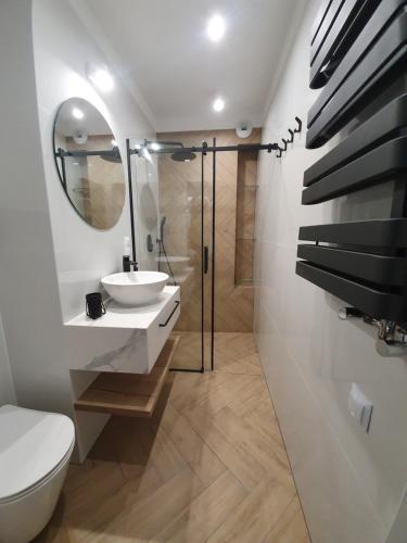 a bathroom with a sink and a toilet and a mirror at RelaxApart - Komfortowy apartament Kalinowa in Szczyrk