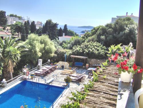 a view of a swimming pool on a balcony at Villa Rena in Batsi