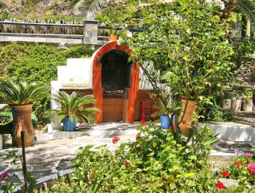 a garden with potted plants and aificialificialificialificialificialificialificialificial at Villa Rena in Batsi