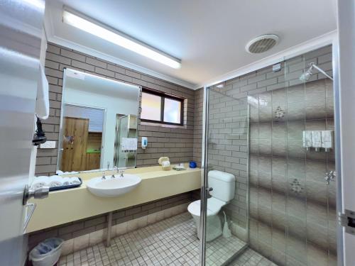 a bathroom with a sink and a toilet and a mirror at Albury Garden Court Motel in Albury