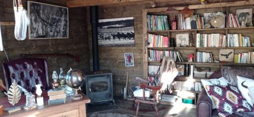 a living room with a couch and a chair and a fireplace at Cabanes Nature Morvan in Blanot