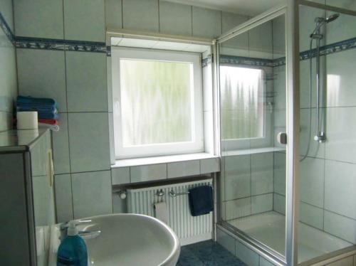 a bathroom with a sink and a window and a shower at Ferienwohnung Ilse und Eberhard Tröps in Siegen