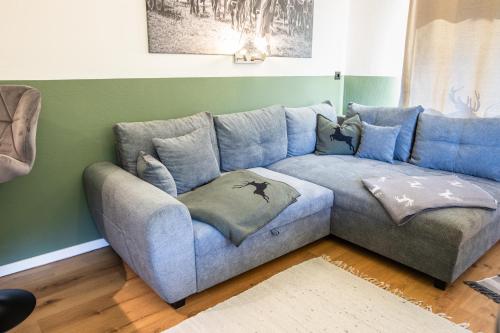 a living room with a blue couch with pillows at Apartment zu Hollenau in Going
