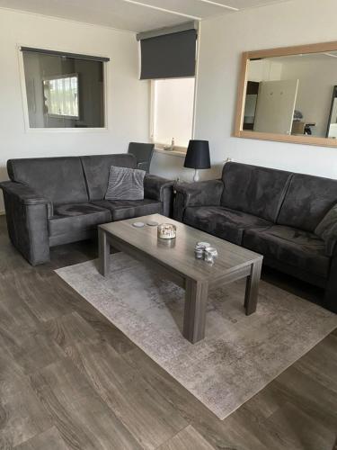 - un salon avec un canapé en cuir et une table basse dans l'établissement Halte71, à Zandvoort