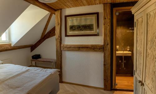 1 Schlafzimmer mit einem Bett und einem Bad in der Unterkunft Moderne Altbauwohnung mit Pool und Sauna in Bern