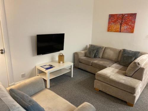 sala de estar con 2 sofás y TV de pantalla plana en Apartment 124 en Fife