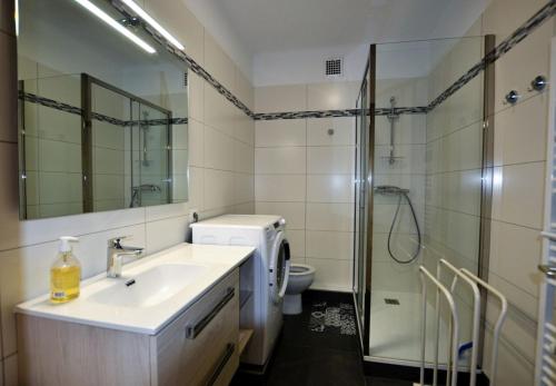 une salle de bains avec lavabo, douche et toilettes dans l'établissement Résidence du Mont-Blanc n°5Bis, à Combloux