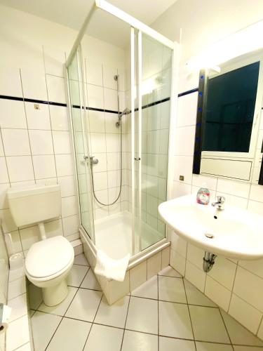 a bathroom with a toilet and a shower and a sink at Hotel Hansehof in Hamburg